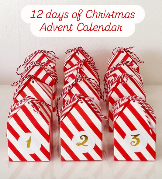 Red and white striped boxes with numbers, labeled '12 days of Christmas Advent Calendar'.